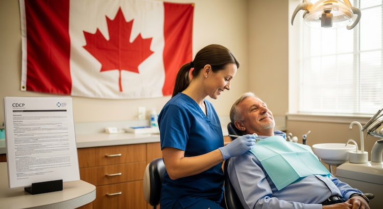 a dentist treating a patient under a large Canadian flag backdrop. 