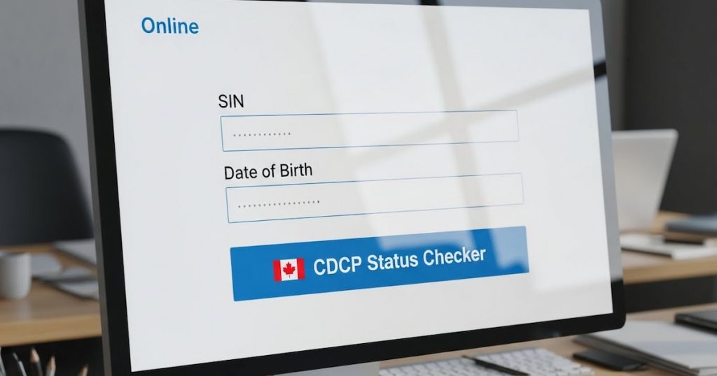 a computer monitor showing Canadian Dental Care Plan Status Checker Online.