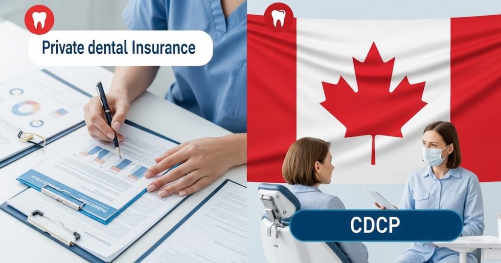 a person reviewing private dental insurance paperwork and a Canadian flag background with a dentist and patient discussing CDCP coverage.