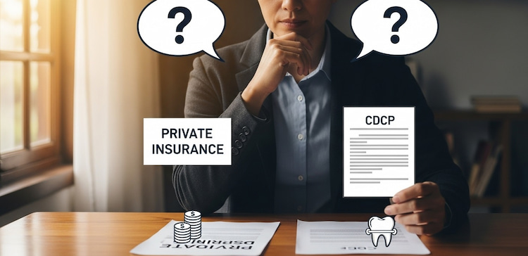 A thoughtful person sitting at a table with two documents labeled “Private Insurance” and “CDCP,” trying to decide between them. 