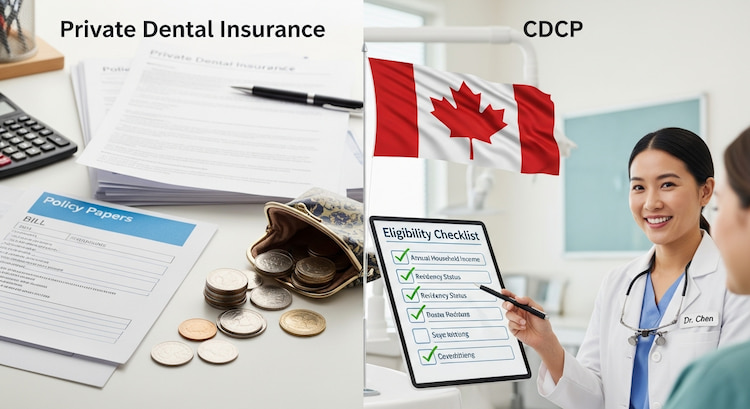 Dental insurance vs CDCP: a split screen showing “Private Dental Insurance” on one side and “CDCP” on the other.