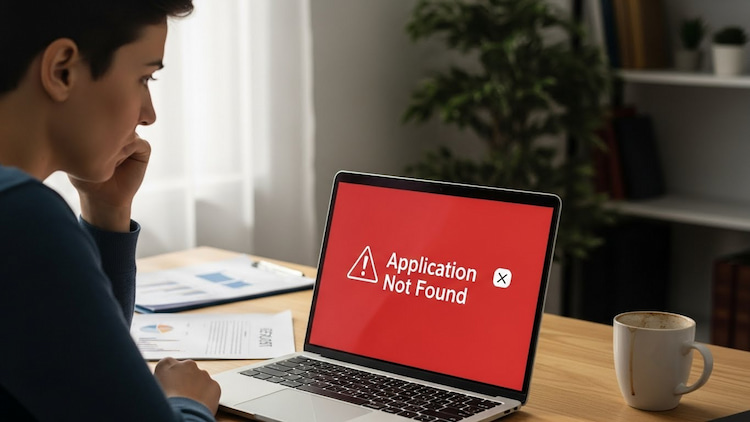 a person looking confused at a laptop screen displaying an error message like ‘Application Not Found’. 