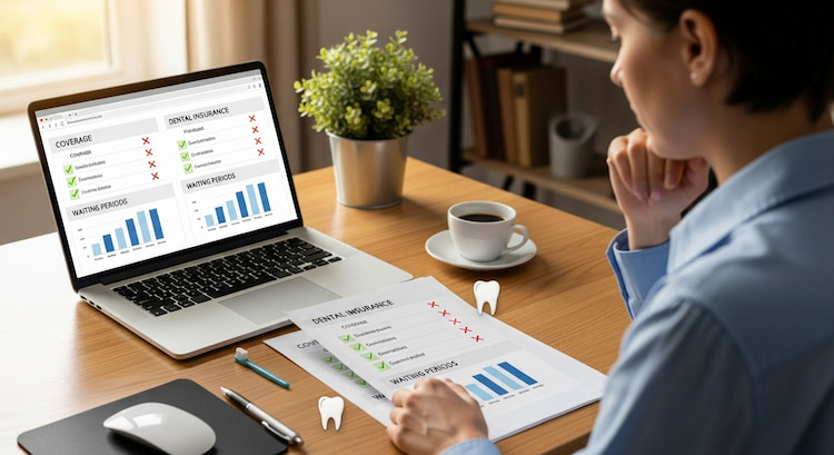 A person sitting at a desk comparing dental insurance documents on a laptop, with charts and checkmarks showing “coverage,” “premiums,” and “waiting periods.”